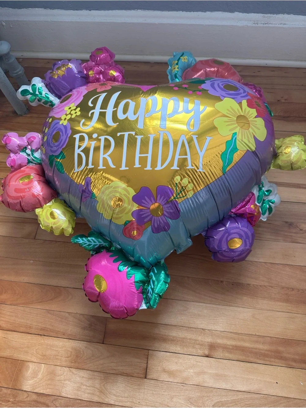 Happy Birthday Heart Foil Balloon - Gold and Purple Floral